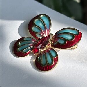Gorgeous Blue Red Wine Shimmery Enamel Red Ruby Rhinestone Butterfly Brooch
